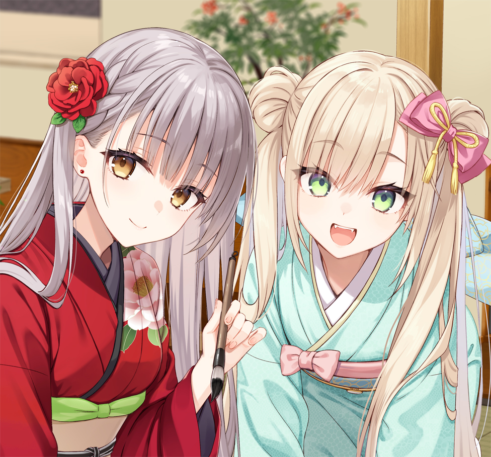 muririn, original, commentary request, 2girls, :d, aqua kimono, blonde hair, blush, bow, braid, brown eyes, calligraphy brush, cherry blossom print, closed mouth, cowboy shot, double bun, earrings, eyelashes, eyes visible through hair, fangs, fingernails, floral print, floral print kimono, flower, green eyes, grey hair, hair behind ear, hair between eyes, hair bow, hair bun, hair flower, hair ornament, hair over shoulder, happy, holding, holding calligraphy brush, holding paintbrush, indoors, japanese clothes, jewelry, kimono, leaning forward, long hair, long sleeves, looking at viewer, multiple girls, open mouth, paintbrush, pink bow, print kimono, red flower, red kimono, red rose, rose, side braid, smile, straight hair, stud earrings, tassel, tassel hair ornament, teeth, twintails, upper body, upper teeth only, very long hair, wide sleeves