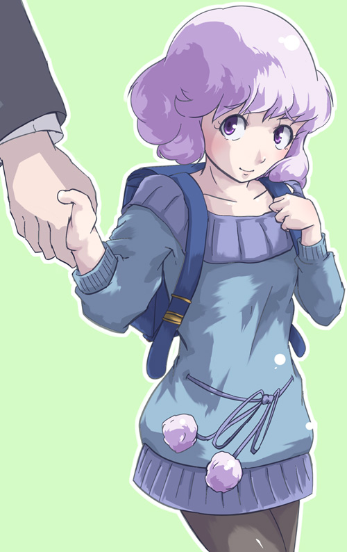 drias, sannomiya shiho, zettai karen children, 00s, 1girl, backpack, bag, green background, holding hands, pantyhose, purple eyes, purple hair, randoseru, short hair