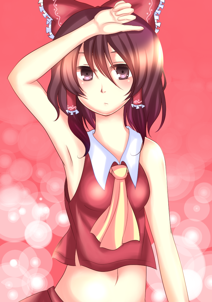 uranaishi (miraura), hakurei reimu, mirage, touhou, bad id, bad pixiv id, 1girl, armpits, female focus, hair between eyes, japanese clothes, miko, ribbon, solo