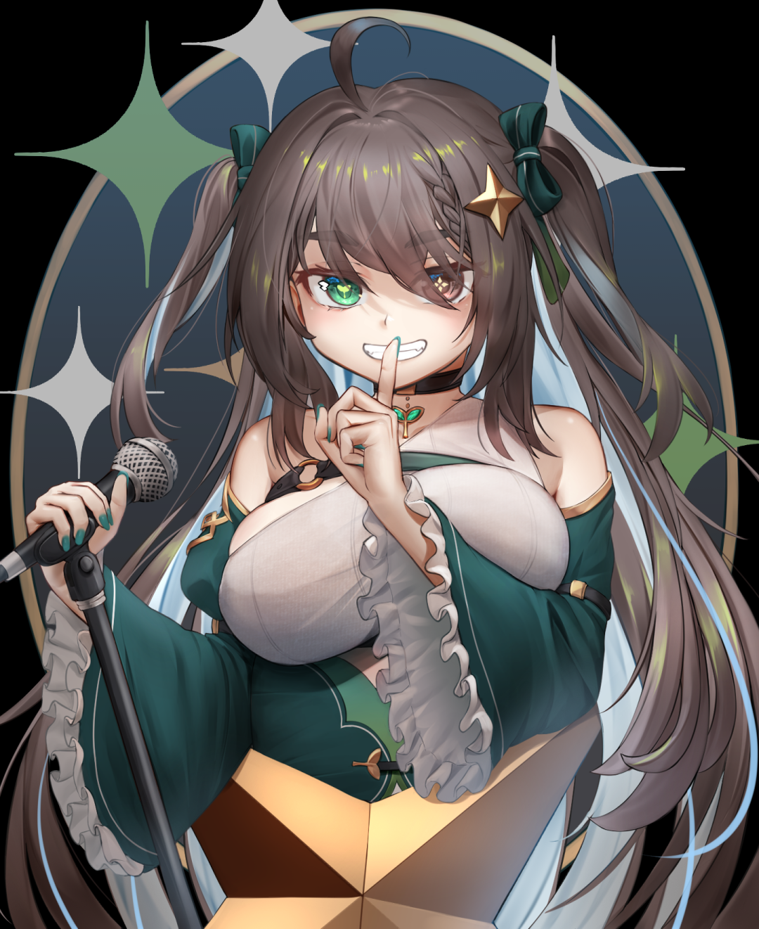 braco, meica (vtuber), meica (vtuber) (1st costume), indie virtual youtuber, commentary request, highres, 1girl, ahoge, arm belt, bare shoulders, black choker, blue hair, bow, braid, breasts, brown eyes, brown hair, chest belt, choker, colored inner hair, cross-shaped pupils, detached sleeves, dress, finger to mouth, frilled sleeves, frills, green bow, green dress, green eyes, green nails, green sleeves, hair bow, hair ornament, hair over one eye, heterochromia, holding, holding microphone, juliet sleeves, large breasts, long hair, long sleeves, microphone, microphone stand, mismatched pupils, multicolored hair, o-ring, pendant choker, puffy sleeves, shirt, shushing, single-shoulder shirt, single braid, sleeveless, sleeveless shirt, smirk, solo, spanish commentary, sparkle background, sprout-shaped pupils, sprout pendant, star (symbol), star hair ornament, symbol-shaped pupils, two side up, upper body, virtual youtuber, white shirt