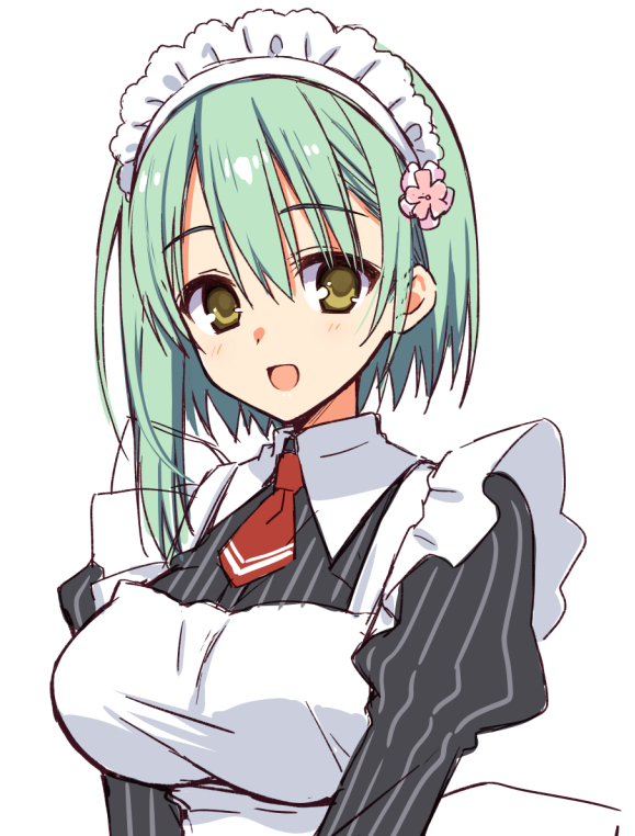 muririn, tsukiyama sena, noble works, commentary request, official art, 1girl, :d, apron, black dress, breasts, dress, flower, frilled apron, frills, green hair, hair between eyes, hair flower, hair ornament, juliet sleeves, large breasts, light blush, long sleeves, looking at viewer, maid, maid apron, maid day, maid headdress, medium hair, necktie, open mouth, pink flower, puffy sleeves, red necktie, simple background, sketch, smile, solo, straight hair, striped clothes, striped dress, upper body, vertical-striped clothes, vertical-striped dress, white apron, white background, yellow eyes