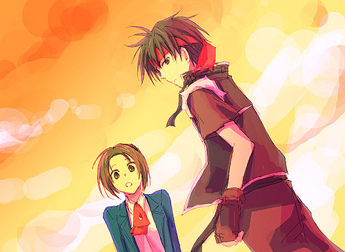sakuta (tomohirou), constance magee, orphen, touko, majutsushi orphen, bad id, bad pixiv id, lowres, 1boy, 1girl, ascot, black hair, blazer, brown hair, gloves, headband, jacket