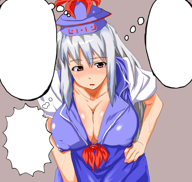tenpura (tenpura621), kamishirasawa keine, touhou, bad id, bad pixiv id, 1girl, blank speech bubble, breasts, cleavage, covered erect nipples, female focus, hat, huge breasts, long hair, nipples, puffy nipples, ribbon, solo, speech bubble