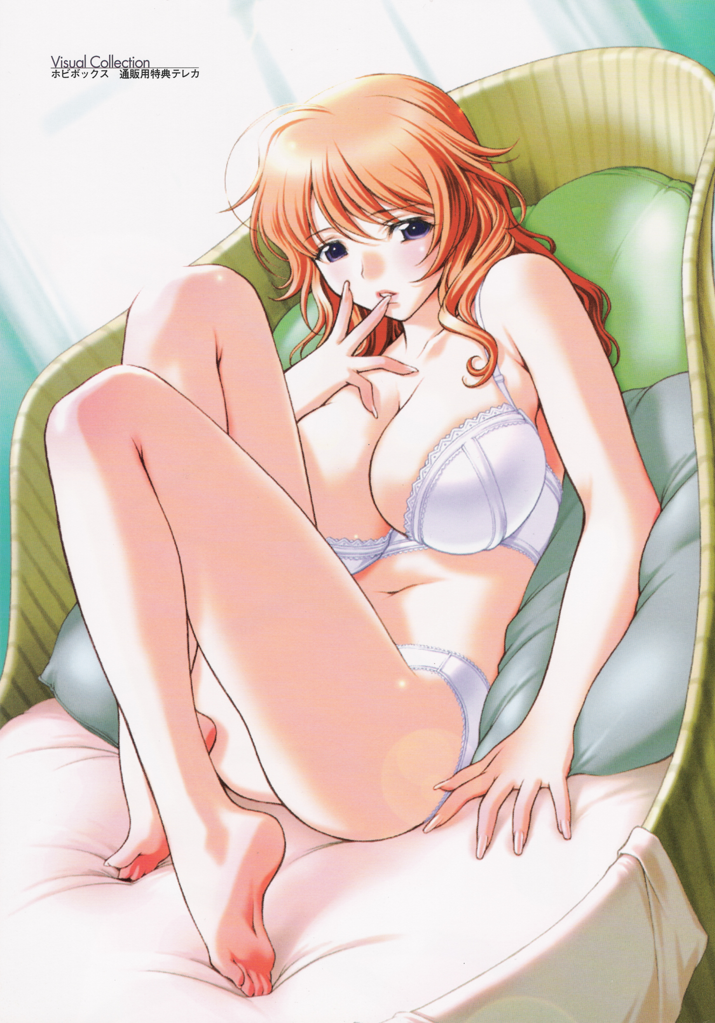 sano toshihide, kusunoki tomoe, futago no bosei honnou, futago no haha seihonnou, striped, absurdres, highres, official art, scan, 00s, 1girl, ahoge, arm support, bare shoulders, barefoot, blue eyes, blush, body blush, bra, breasts, chair, cleavage, collarbone, dutch angle, feet, female focus, finger to mouth, fingernails, full body, huge breasts, indoors, lace, lace-trimmed bra, lace-trimmed panties, lace trim, legs, legs up, lens flare, lingerie, lipstick, long fingernails, long hair, long legs, long toenails, looking at viewer, lying, makeup, mature female, navel, on back, orange hair, panties, parted lips, pillow, profile, reclining, sidelocks, sitting, soles, solo, thighs, tiptoes, toenails, toes, underwear, underwear only, wavy hair, white bra, white panties, window