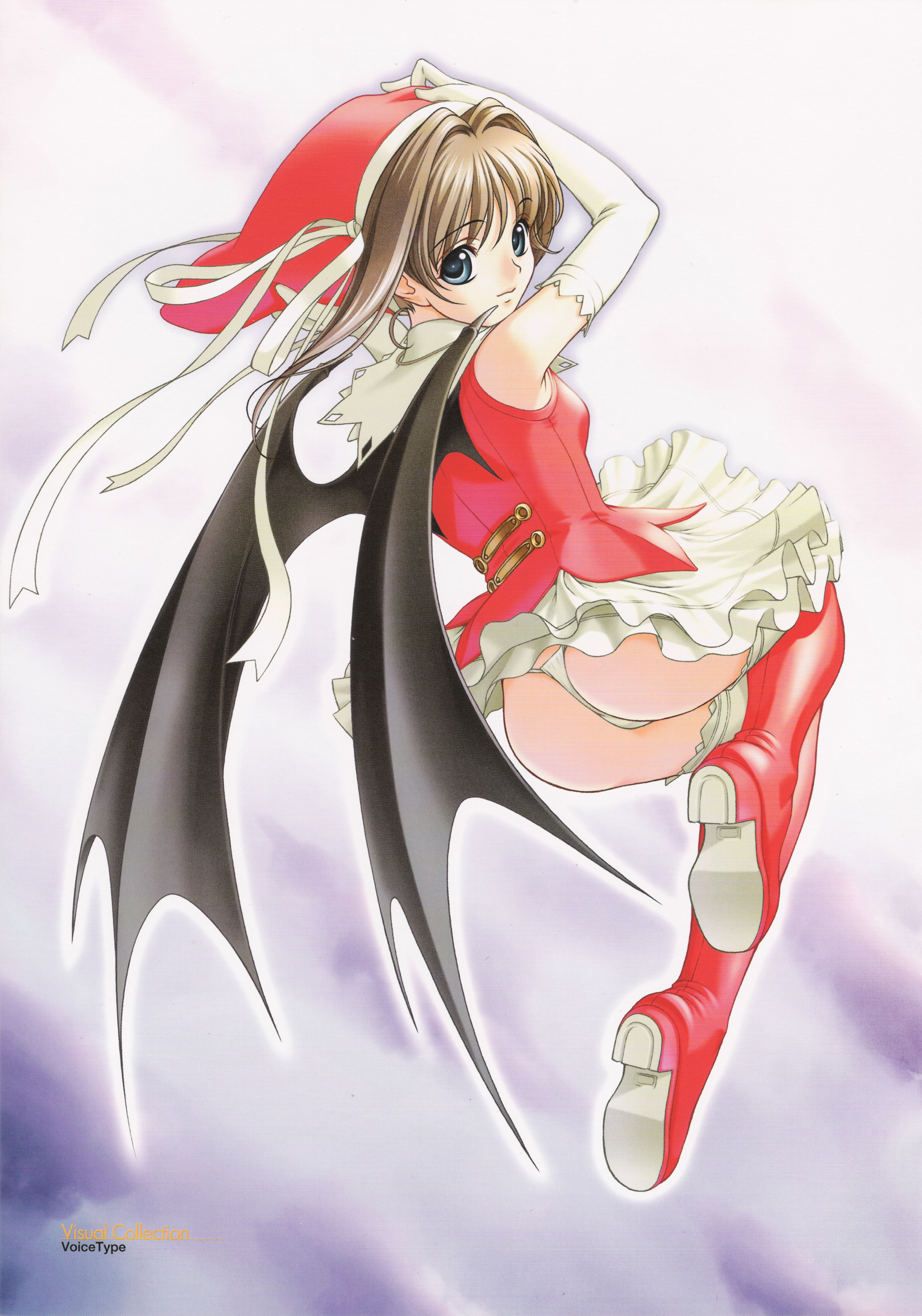 sano toshihide, misaki renka, akibakei kanojo, absurdres, highres, non-web source, scan, ass, bat wings, blue eyes, boots, brown hair, cosplay, elbow gloves, flat chest, frills, gloves, hat, looking back, panties, skirt, solo, thigh boots, thighhighs, thong, underwear, white panties, wings