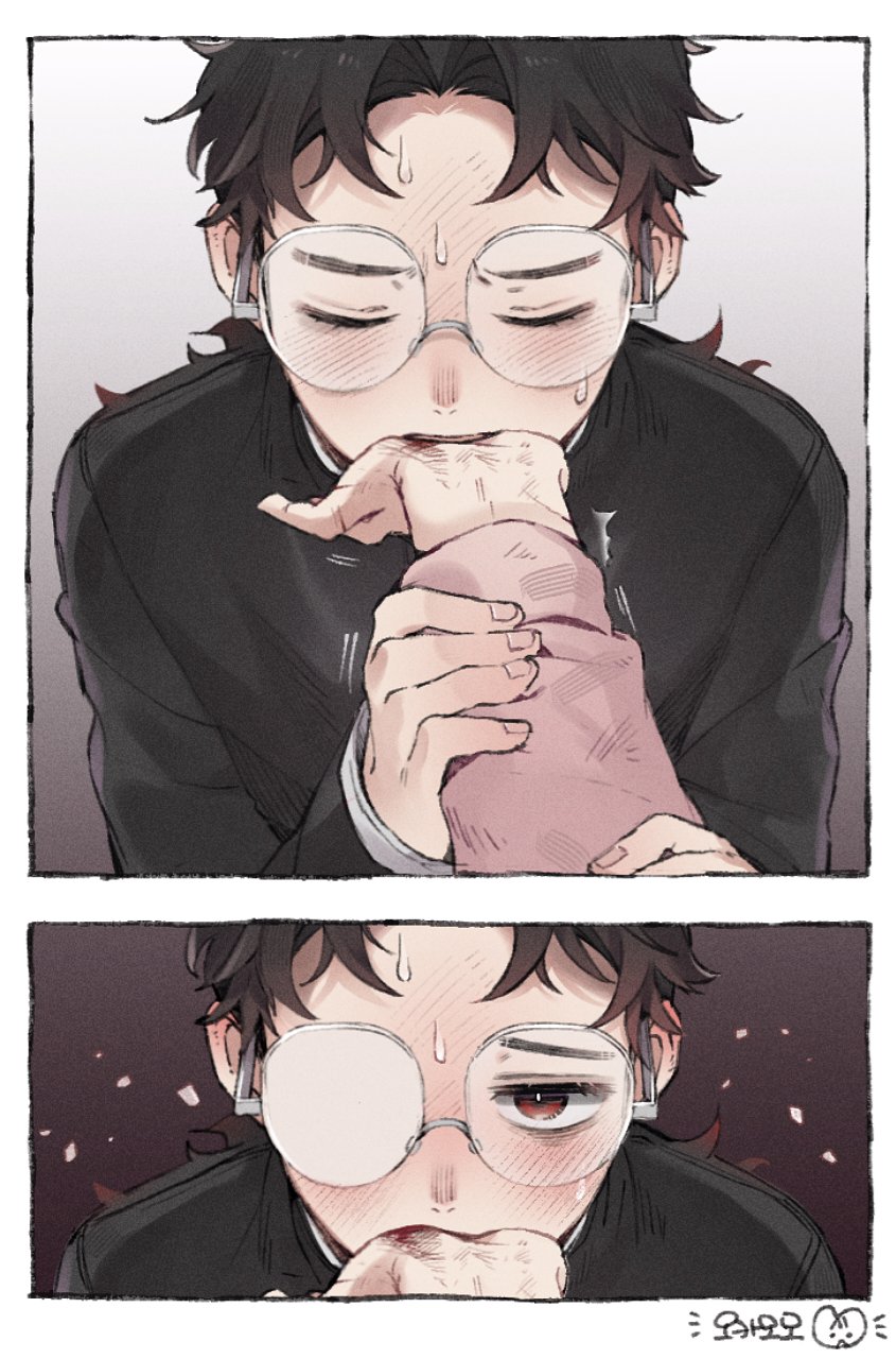 comimingming, ayase momo, takakura ken (dandadan), dandadan, commentary request, highres, korean commentary, 1boy, 1girl, biting, biting another's hand, black hair, black jacket, blush, brown eyes, closed eyes, couple, furrowed brow, gakuran, glasses, hetero, holding another's wrist, jacket, parted bangs, pink sweater, round eyewear, school uniform, short hair, sweat, sweater, trembling, upper body, white background