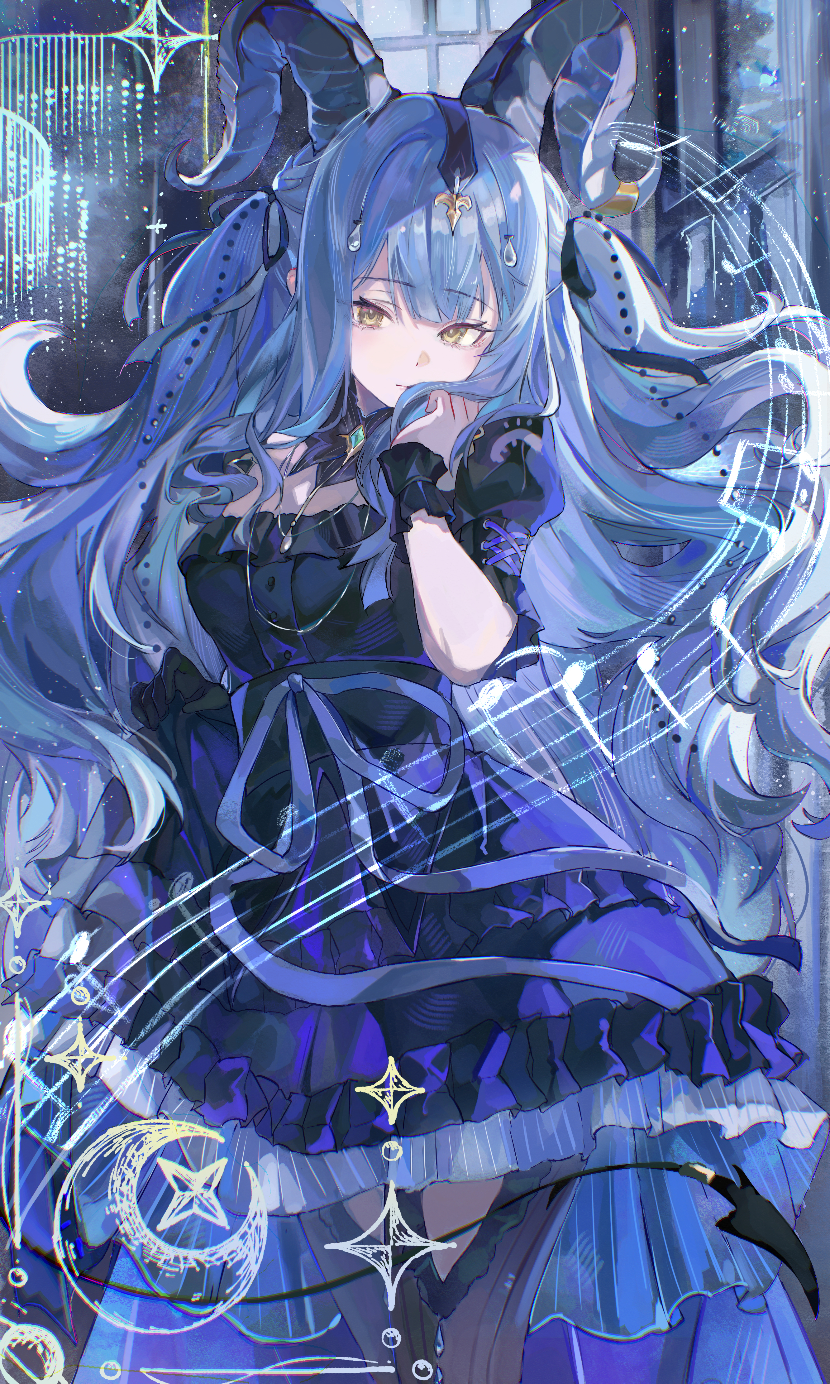 origonz, togawa sakiko, togawa sakiko (master of melodia), arknights, bang dream!, bang dream! it's mygo!!!!!, absurdres, highres, making-of available, 1girl, black dress, black gloves, black horns, blue hair, closed mouth, curled horns, demon horns, demon tail, dress, feet out of frame, frilled dress, frills, gloves, hair ornament, horns, huge horns, long hair, looking at viewer, musical note, official alternate costume, single glove, skirt hold, solo, standing, tail, two side up, very long hair, wrist wrap, yellow eyes