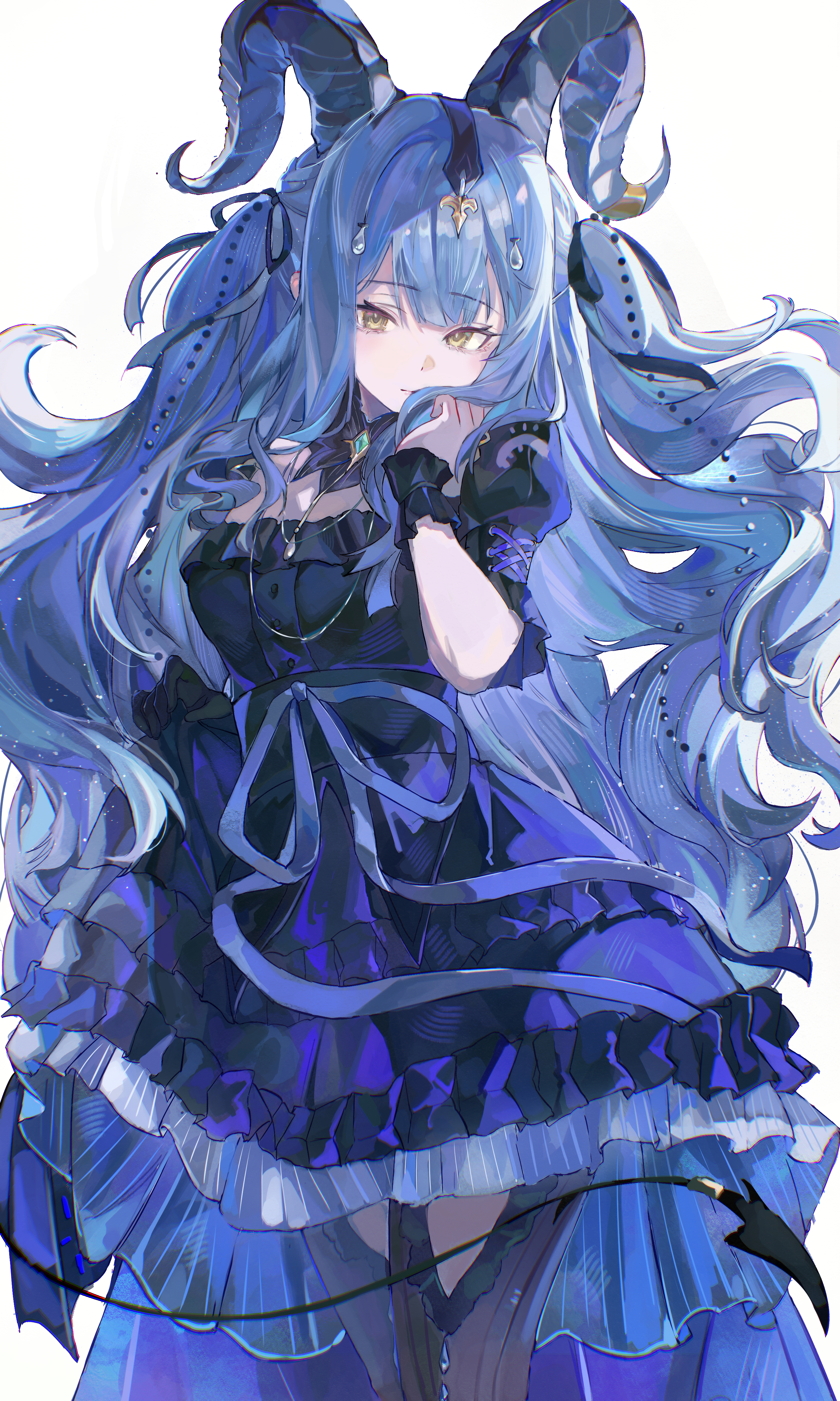 origonz, togawa sakiko, togawa sakiko (master of melodia), arknights, bang dream!, bang dream! it's mygo!!!!!, absurdres, highres, 1girl, black dress, black gloves, black horns, blue hair, closed mouth, curled horns, demon horns, demon tail, dress, feet out of frame, frilled dress, frills, gloves, hair ornament, horns, huge horns, long hair, looking at viewer, official alternate costume, simple background, single glove, skirt hold, solo, standing, tail, two side up, very long hair, white background, wrist wrap, yellow eyes