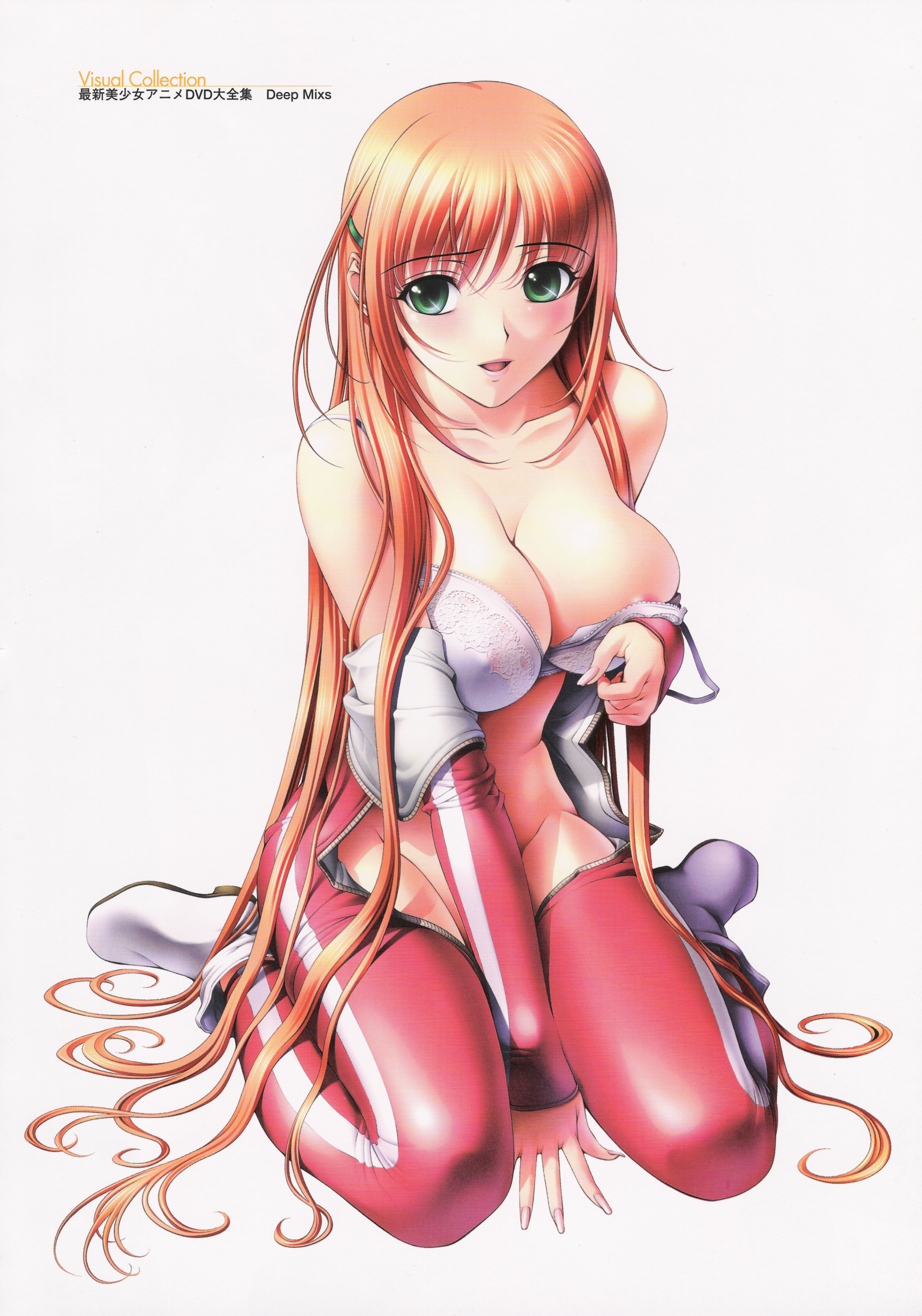 sano toshihide, aoi ren, akibakei kanojo, absurdres, highres, non-web source, scan, 1girl, bodysuit, boots, bra, breasts, cleavage, cosplay, female focus, green eyes, hair ornament, hairclip, large breasts, lingerie, long hair, nipple slip, nipples, no panties, pink hair, solo, strap slip, underwear, undressing, unzipped, very long hair