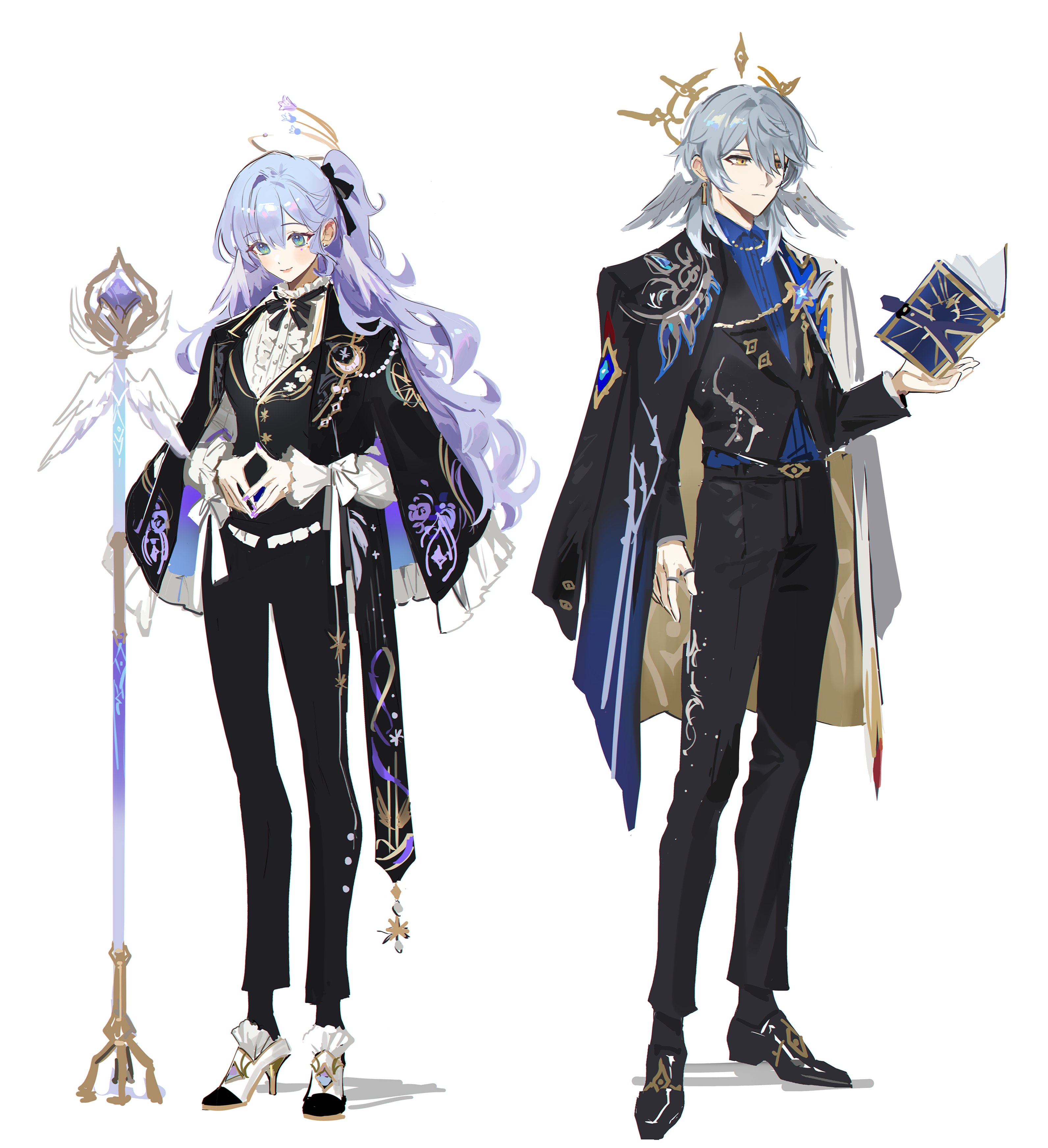 fractalmagnolia, robin (honkai: star rail), sunday (honkai: star rail), honkai: star rail, honkai (series), absurdres, highres, 1boy, 1girl, alternate costume, alternate hairstyle, arm at side, black coat, black jacket, black pants, black ribbon, black shoes, black socks, black vest, blue shirt, book, brother and sister, closed mouth, coat, coat on shoulders, collared shirt, earrings, feathered wings, frilled shirt, frills, full body, gold earrings, green eyes, grey hair, hair between eyes, hair ribbon, halo, halo behind head, head wings, high heels, holding, holding book, jacket, jacket on shoulders, jewel under eye, jewelry, light blush, long sleeves, looking ahead, looking down, medium hair, microphone stand, multicolored coat, nail polish, neck ribbon, one side up, own hands together, pants, piercing, purple hair, purple nails, ribbon, ring, shirt, shoes, siblings, simple background, smile, socks, spiked halo, standing, two-sided coat, two-sided fabric, vest, white background, white coat, white shirt, white shoes, white wings, wing piercing, wings, yellow eyes