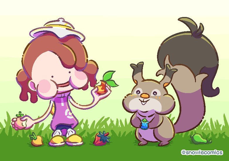 snowiecomics, ditto, female protagonist (pokemon pokopia), skwovet, transformed ditto, nintendo, pokemon, pokemon pokopia, commentary request, . ., 1girl, berry (pokemon), blush, blush stickers, brown hair, closed mouth, eating, food, fruit, full body, gen 1 pokemon, gen 8 pokemon, grass, grepa berry, hat, holding, holding food, holding fruit, leppa berry, magost berry, open mouth, oran berry, pokemon (creature), pokemon focus, puffy cheeks, purple shirt, roseli berry, shirt, shoes, smile, socks, standing, tooth, twintails, wepear berry, white hat, white socks, yellow shoes