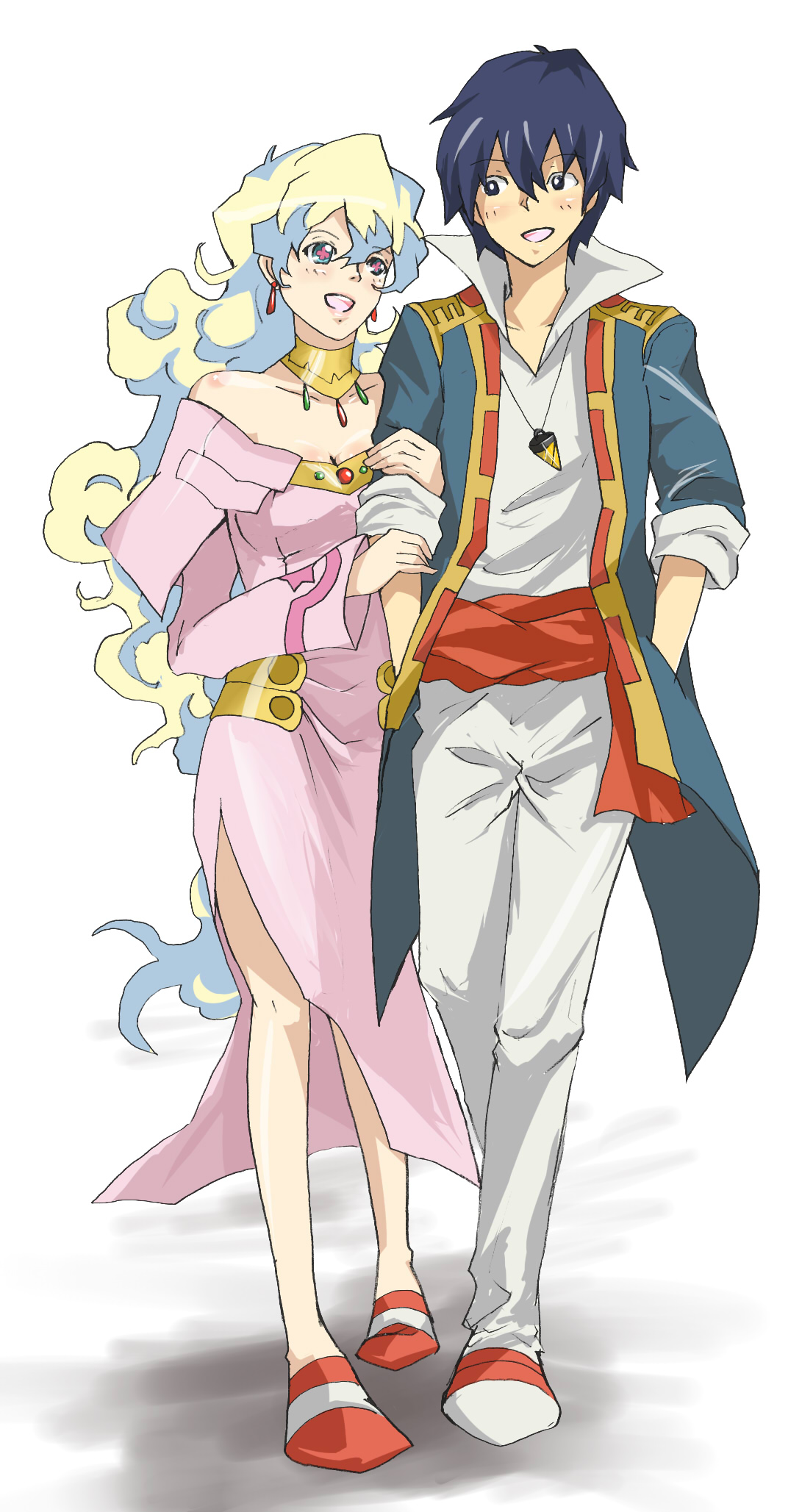 shion souta, nia teppelin, simon (ttgl), tengen toppa gurren lagann, highres, 00s, 1boy, 1girl, blue hair, core drill, couple, dress, drill, earrings, hetero, jewelry, multicolored hair, necklace, short hair, smile