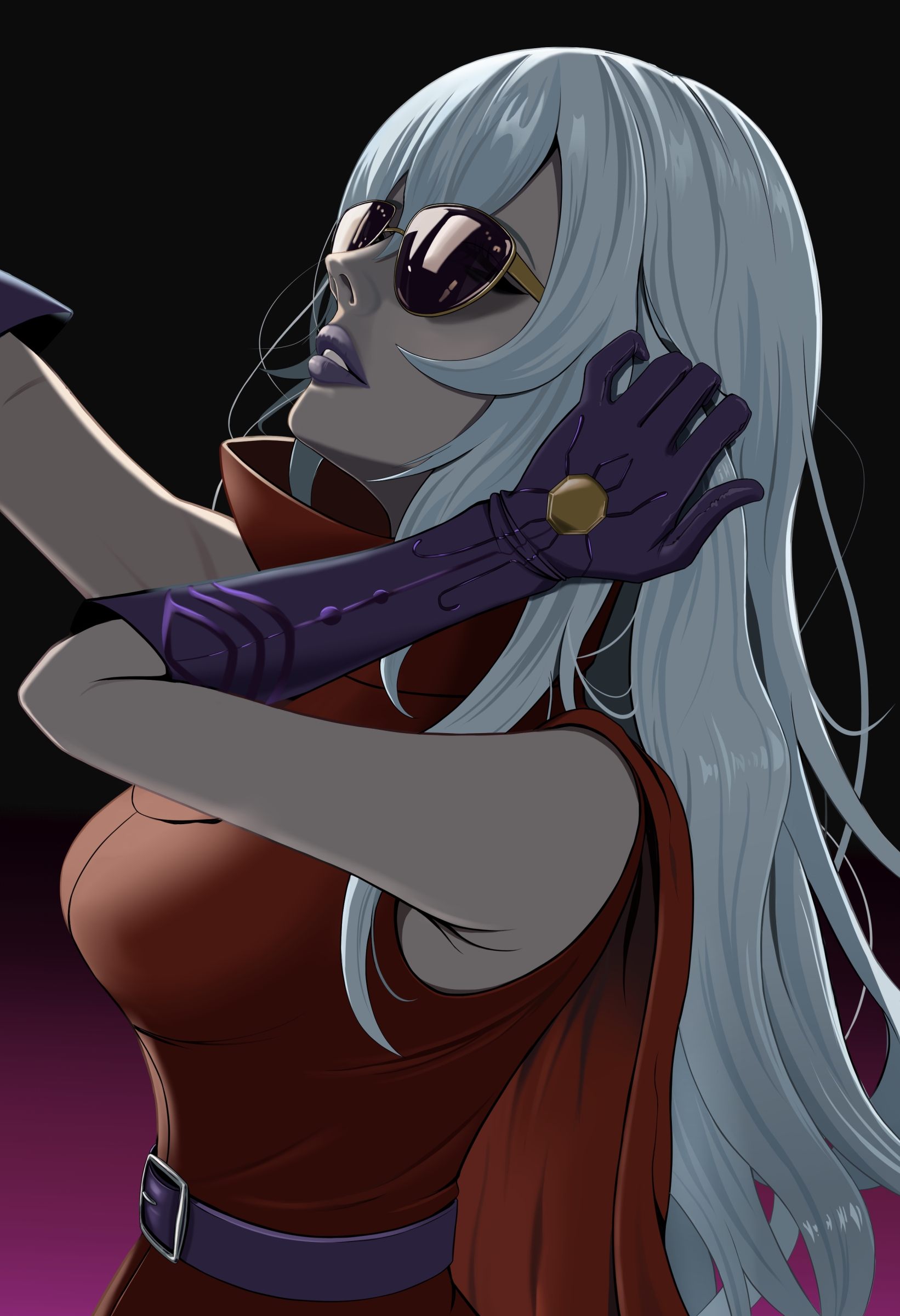 akitsuiri tsuki, archnemon, digimon, digimon adventure 02, digimon ghost game, absurdres, highres, belt, breasts, cape, digimon (creature), elbow gloves, gloves, gradient background, hand in own hair, large breasts, long hair, pointy nose, purple belt, purple gloves, purple lips, red cape, sunglasses, white hair