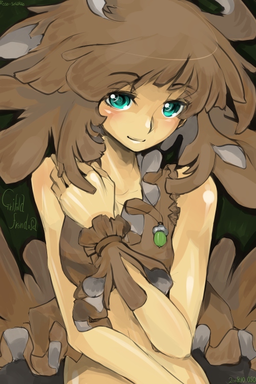 oso (toolate), grifola frondosa, original, oso-teki kinoko gijinka zukan, 1girl, aqua eyes, bare shoulders, brown hair, female focus, jewelry, long hair, mushroom, necklace, personification, sleeveless, solo