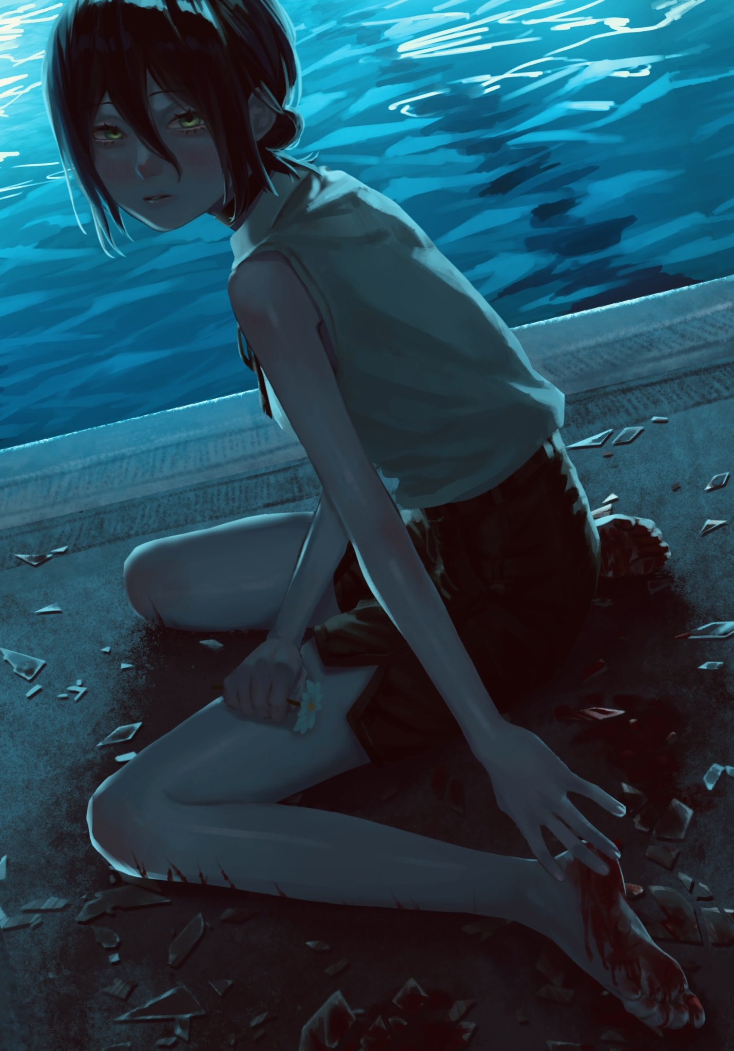 kanopikami, reze (chainsaw man), chainsaw man, highres, 1girl, black hair, black shorts, bleeding, blood, blood on feet, blood on leg, blush, closed mouth, cuts, glass shards, green eyes, grey shirt, hair between eyes, hair bun, injury, pool, shirt, shirt tucked in, shorts, sleeveless, sleeveless shirt, solo