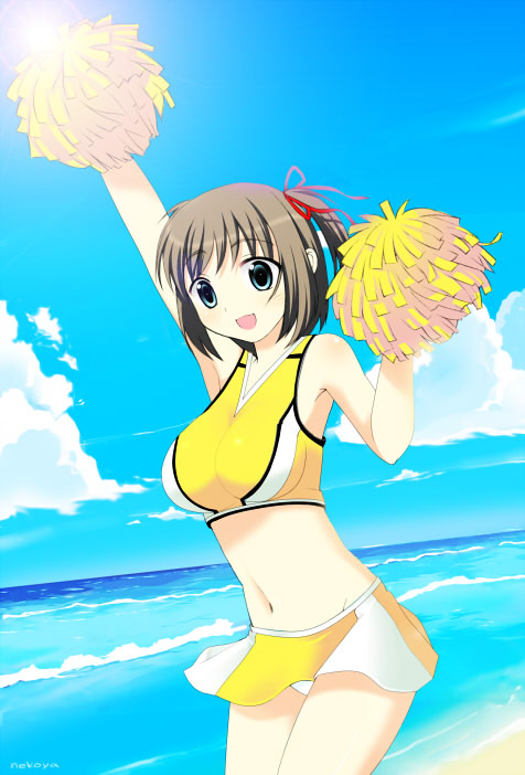 nekoya (nekoyadia), original, 1girl, breasts, brown hair, cheerleader, female focus, large breasts, ocean, panties, pom pom (cheerleading), solo, underwear, upskirt