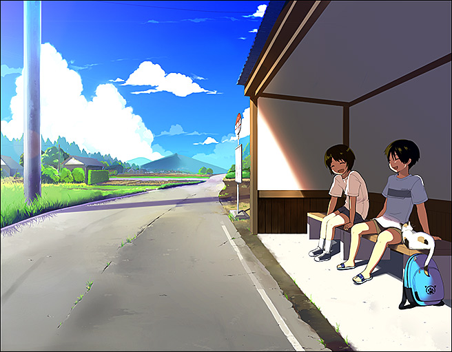 nekoya (nekoyadia), original, 1boy, 1girl, bag, brown hair, bus stop, cat, cloud, day, laughing, road, road sign, scenery, sign, sky, slice of life