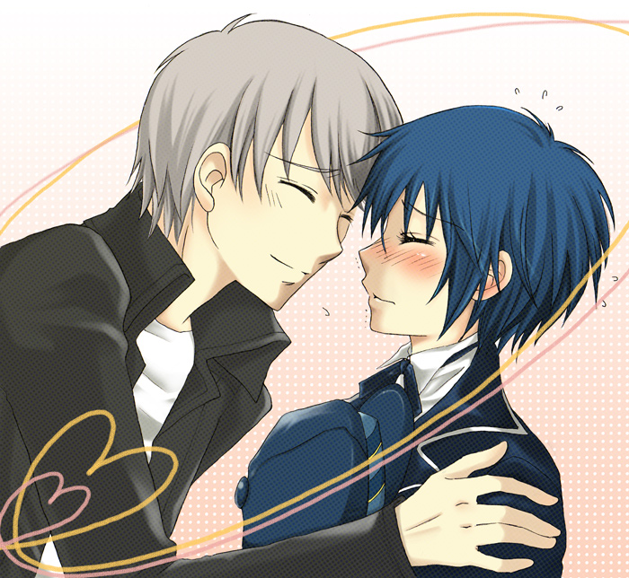 take michi, takemichi, narukami yu, shirogane naoto, atlus, persona, persona 4, silver hair, bad id, bad pixiv id, 1boy, 1girl, androgynous, blue hair, blush, couple, hat, hetero, reverse trap, short hair, shy