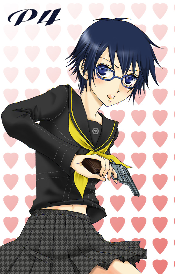 take michi, takemichi, shirogane naoto, atlus, persona, persona 4, bad id, bad pixiv id, 1girl, androgynous, blue eyes, blue hair, blush, female focus, finger on trigger, glasses, gun, handgun, heart, holding, holding gun, holding weapon, houndstooth, matching hair/eyes, reverse trap, revolver, school uniform, serafuku, short hair, skirt, solo, weapon