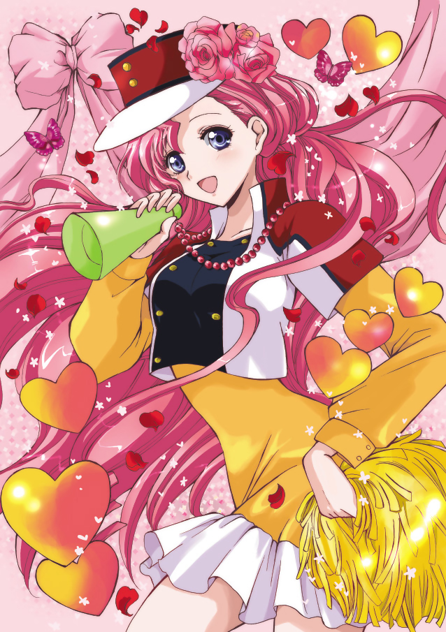 euphemia li britannia, code geass, 00s, blue eyes, blush, curly hair, flower, hat, heart, long hair, pink hair, pink theme, ribbon, rose, solo