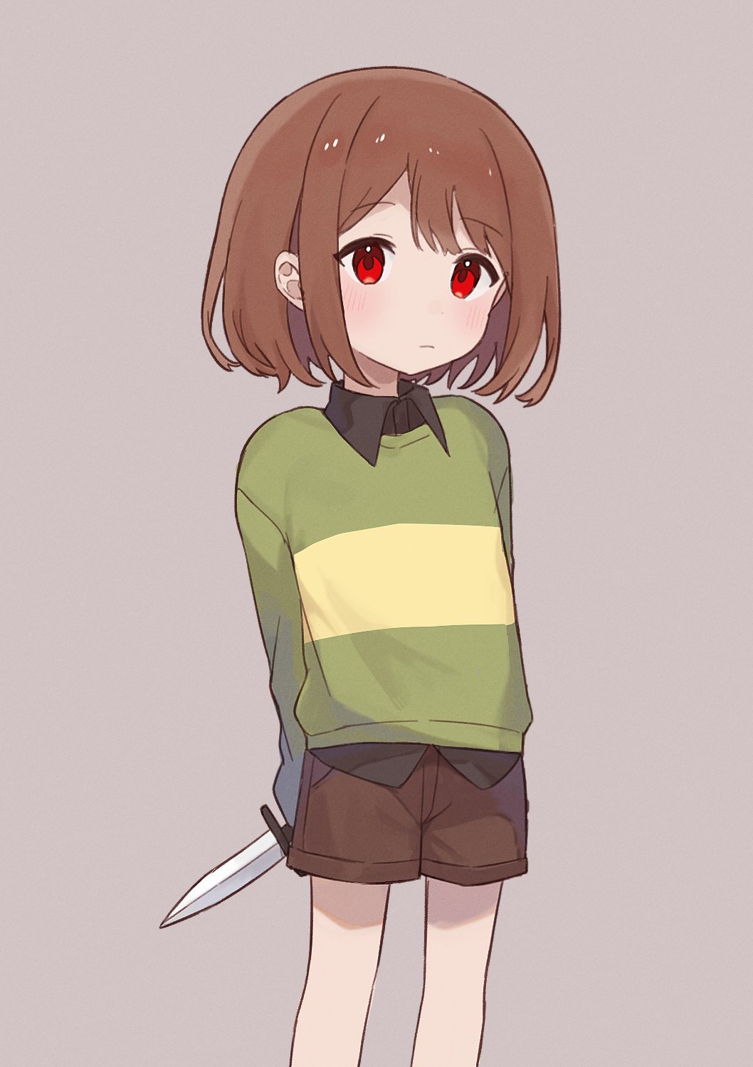 nano mochi, chara (undertale), undertale, utdr (toby fox), highres, 1other, arms behind back, black shirt, bob cut, brown background, brown hair, brown shorts, closed mouth, dagger, expressionless, feet out of frame, film grain, green shirt, holding, holding dagger, holding knife, holding weapon, knife, layered shirt, long sleeves, looking at viewer, other focus, red eyes, shirt, short hair, shorts, simple background, solo, standing, striped clothes, striped shirt, swept bangs, two-tone shirt, weapon, yellow shirt