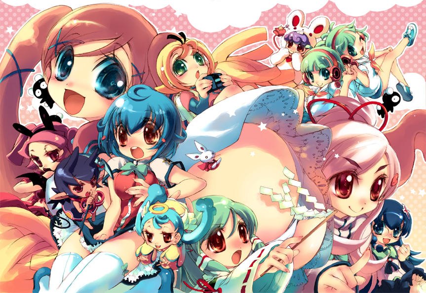 sagano aoi, abe maria, akai maho, akuma kuro, futaba nagi, futaba nami, haori kureha, lulu (doki doki majo shinpan), midou ayame, oda renge, rizumi neon, sakura himeki, seika koron, watabiki merry, doki doki majo shinpan, doki doki majo shinpan 2 duo, 6+girls, ass, blue hair, brown eyes, brown hair, everyone, green eyes, green hair, multiple girls, orange hair, panties, pink hair, siblings, sisters, thighhighs, twins, underwear, wings
