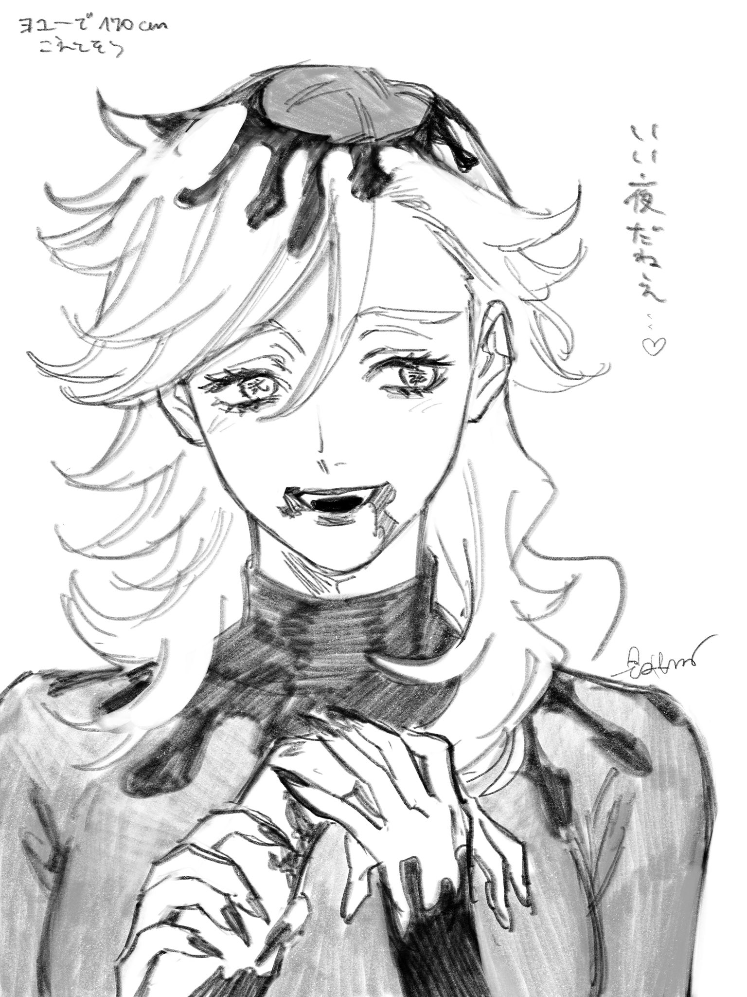 roru (lol dessin), douma (kimetsu no yaiba), kimetsu no yaiba, highres, 1girl, 1other, blood, blood from mouth, breasts, demon girl, fingernails, genderswap, genderswap (mtf), greyscale, hair between eyes, height, holding another's wrist, light blush, long fingernails, long hair, medium breasts, monochrome, open mouth, sharp fingernails, smile, turtleneck, upper body, white background, white hair