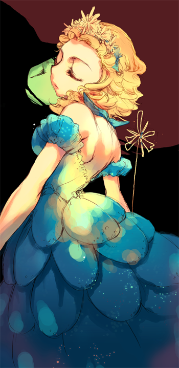 sagano aoi, elphaba, good witch of the north, the wizard of oz, wicked, 2girls, back, bare back, bare shoulders, blonde hair, blue dress, closed eyes, colored skin, curly hair, dress, gown, green skin, hat, multiple girls, puffy short sleeves, puffy sleeves, short hair, short sleeves, tiara, wand, witch, witch hat, yuri
