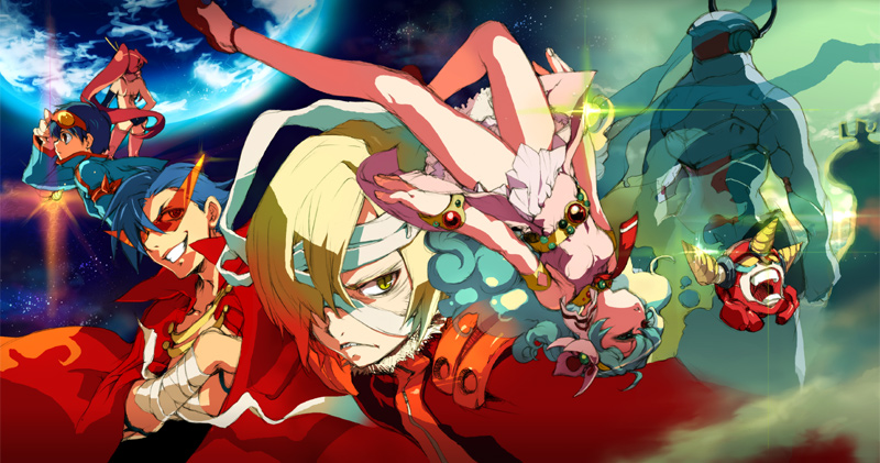 sagano aoi, enki (gurren lagann), kamina (ttgl), lagann, nia teppelin, simon (ttgl), viral (ttgl), yoko littner, tengen toppa gurren lagann, 00s, 2girls, 3boys, bandages, bare legs, blonde hair, blue hair, everyone, full body, goggles, kamina shades, looking at viewer, mecha, multicolored hair, multiple boys, multiple girls, red eyes, robot, triangular eyewear, two-tone hair, upside-down, wavy hair