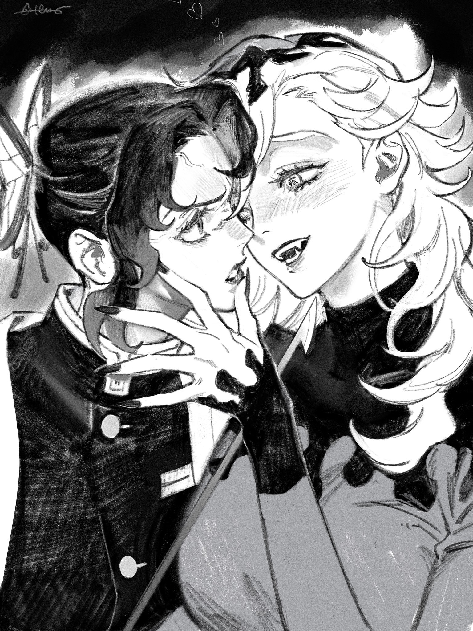 roru (lol dessin), douma (kimetsu no yaiba), kochou shinobu, kimetsu no yaiba, highres, 2girls, black bow, black hair, black jacket, black nails, blush, bow, breasts, butterfly hair ornament, buttons, demon slayer uniform, fangs, fingernails, furrowed brow, genderswap, genderswap (mtf), greyscale, hair between eyes, hair ornament, hand on another's chin, haori, jacket, japanese clothes, long fingernails, long hair, looking at another, medium breasts, monochrome, multiple girls, open mouth, parted bangs, parted lips, sharp fingernails, sidelocks, smile, turtleneck, updo, upper body, white hair, yuri