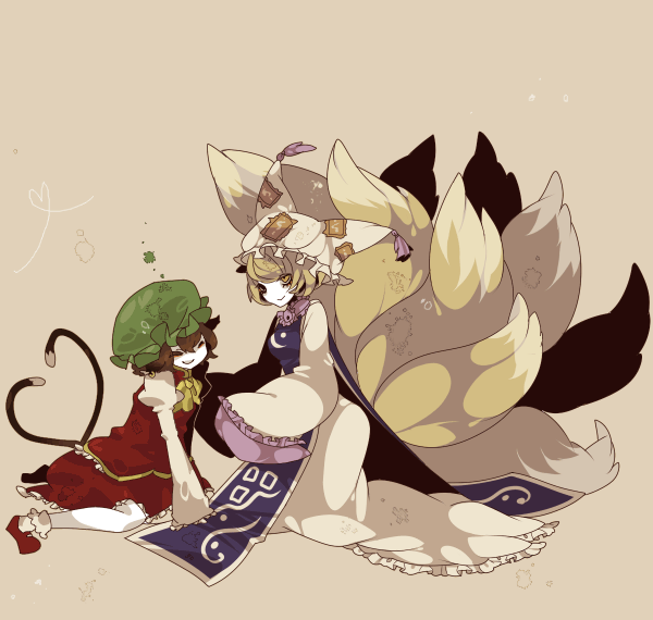 shikimi (yurakuru), chen, yakumo ran, touhou, 2girls, animal ears, animal hat, blonde hair, brown hair, cat ears, cat girl, cat tail, closed eyes, earrings, female focus, fox ears, fox tail, hat, heart, heart tail, jewelry, long sleeves, mob cap, multiple girls, multiple tails, shoes, short hair, socks, tail, tassel, wide sleeves, yellow eyes, yurakuru pixiv81607