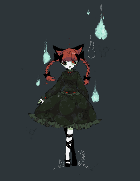 shikimi (yurakuru), kaenbyou rin, touhou, 1girl, animal ears, braid, cat ears, cat girl, crossed legs, dark, female focus, ghost, heterochromia, hitodama, long hair, red eyes, red hair, ribbon, solo, standing, twin braids, twintails, watson cross, yurakuru pixiv81607