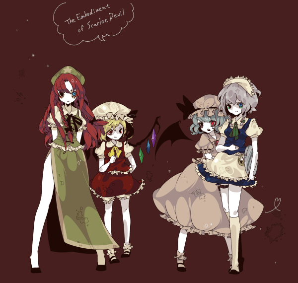 shikimi (yurakuru), flandre scarlet, hong meiling, izayoi sakuya, remilia scarlet, embodiment of scarlet devil, touhou, silver hair, 4girls, arms behind back, bare legs, bat wings, black wings, blonde hair, blue eyes, bobby socks, copyright name, eyelashes, female focus, hat, long hair, maid, mary janes, mob cap, multiple girls, pale skin, red eyes, red hair, ribbon, shoes, short hair, side slit, simple background, socks, standing, wings, yurakuru pixiv81607