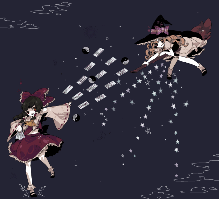 shikimi (yurakuru), hakurei reimu, kirisame marisa, touhou, 2girls, blonde hair, broom, brown hair, cloud, danmaku, dark, detached sleeves, dress, female focus, hat, heart, japanese clothes, miko, multiple girls, ofuda, red eyes, ribbon, shoes, smile, socks, star (symbol), witch, witch hat, yin yang, yurakuru pixiv81607