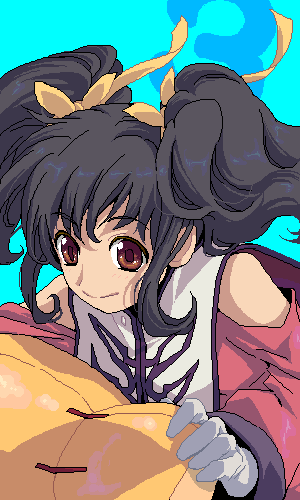 anise tatlin, tales of (series), tales of the abyss, lowres, 00s, 1girl, aqua background, black hair, female focus, gloves, oekaki, red eyes, ribbon, smile, solo, twintails