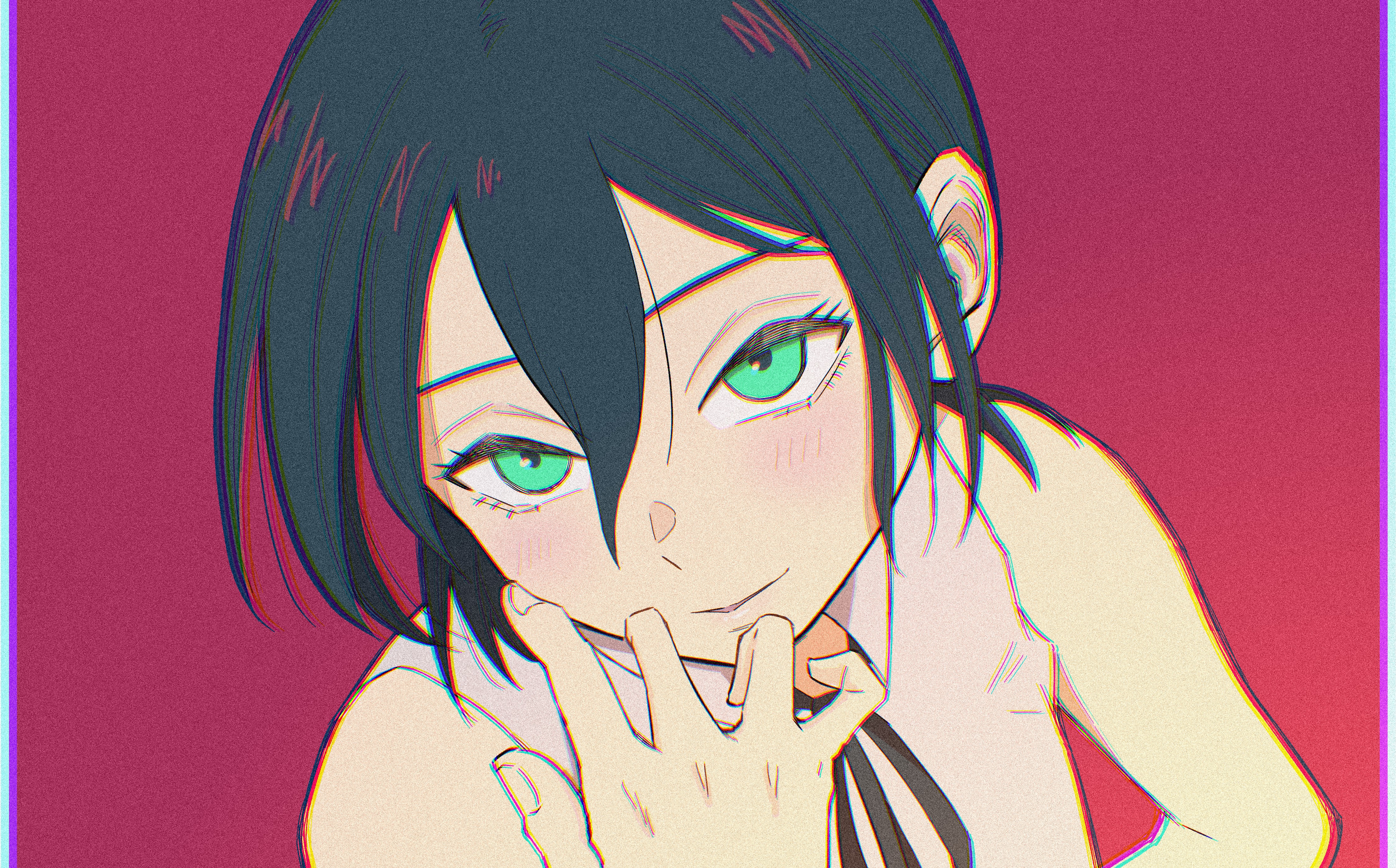 shika kawaii, reze (chainsaw man), chainsaw man, absurdres, highres, 1girl, black hair, black ribbon, green eyes, grey shirt, hair between eyes, neck ribbon, red background, ribbon, shirt, sleeveless, sleeveless shirt, solo