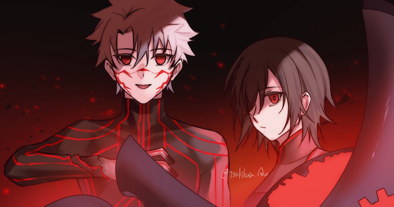 dark sakura, fujimaru ritsuka (male), matou sakura, tachie (fate), fate/grand order, fate/stay night, fate (series), commentary request, 1boy, 1girl, alternate costume, armor, black armor, black hair, closed mouth, cosplay, dark persona, dark sakura (cosplay), evil smile, expressionless, grey hair, hair between eyes, hair over one eye, height difference, holding, holding shield, long sleeves, looking at viewer, one eye covered, red eyes, shield, smile, tsukikusa ao, twitter username