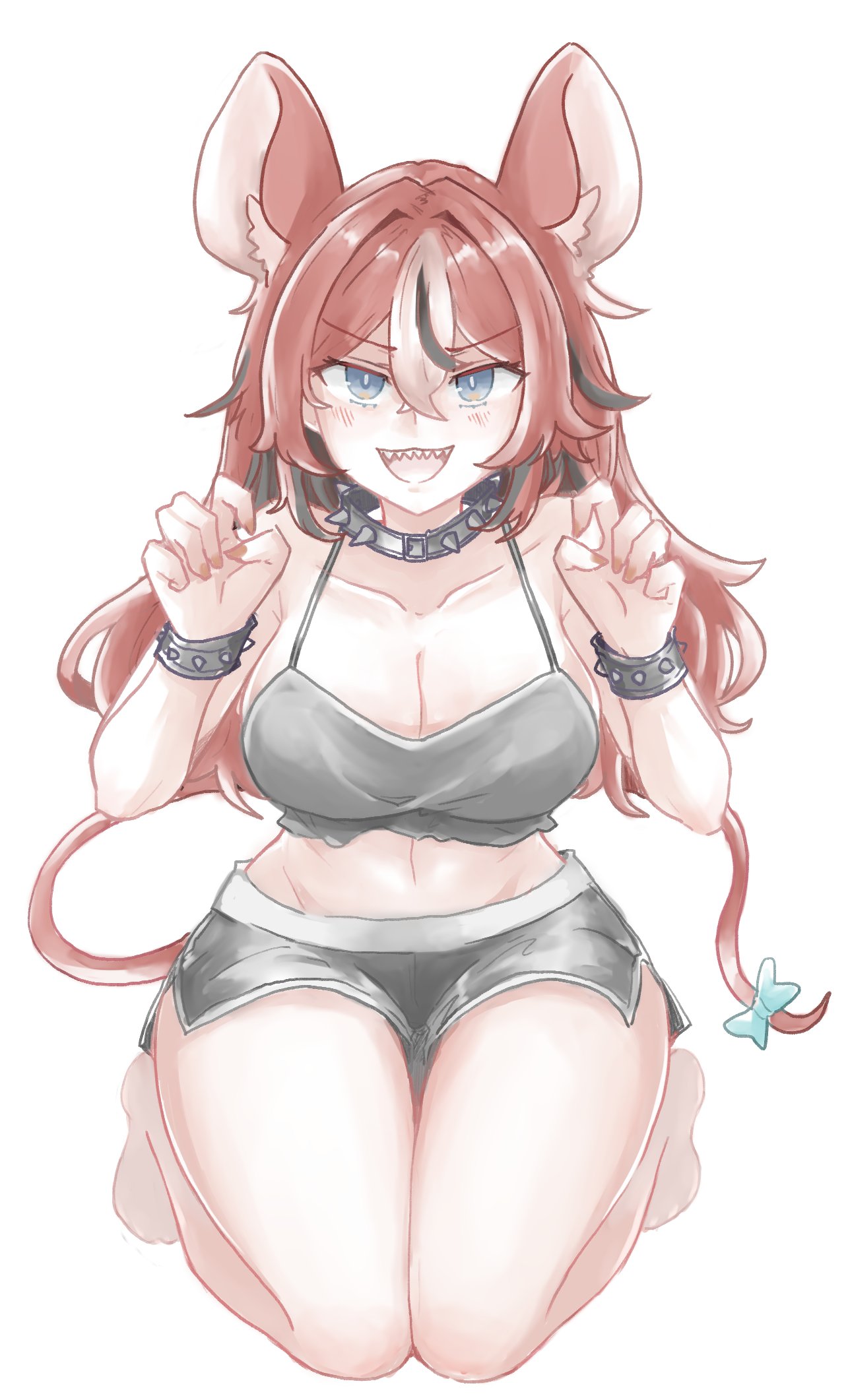 orakuru (oracle art), hakos baelz, hololive, hololive english, commentary, highres, symbol-only commentary, 1girl, alternate costume, animal ear fluff, animal ears, barefoot, black hair, black shorts, blue eyes, bow, breasts, cleavage, collar, collarbone, colored tips, cropped shirt, dolphin shorts, double-parted bangs, full body, hair between eyes, hair down, long hair, looking at viewer, medium breasts, midriff, mouse ears, mouse girl, mouse tail, multicolored hair, navel, open mouth, paw pose, red hair, red nails, seiza, sharp teeth, shorts, simple background, sitting, solo, spaghetti strap, spiked collar, spiked wristband, spikes, streaked hair, tail, tail bow, tail ornament, teeth, thick thighs, thighs, v-shaped eyebrows, virtual youtuber, white background, white hair
