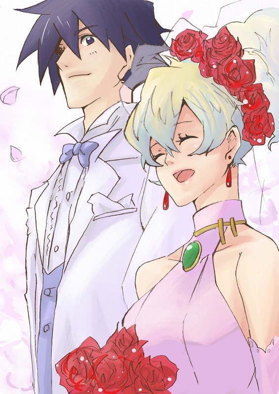 shion souta, nia teppelin, simon (ttgl), tengen toppa gurren lagann, 00s, 1boy, 1girl, bouquet, bride, couple, dress, earrings, flower, hetero, jewelry, rose, smile, tuxedo, wedding, wedding dress