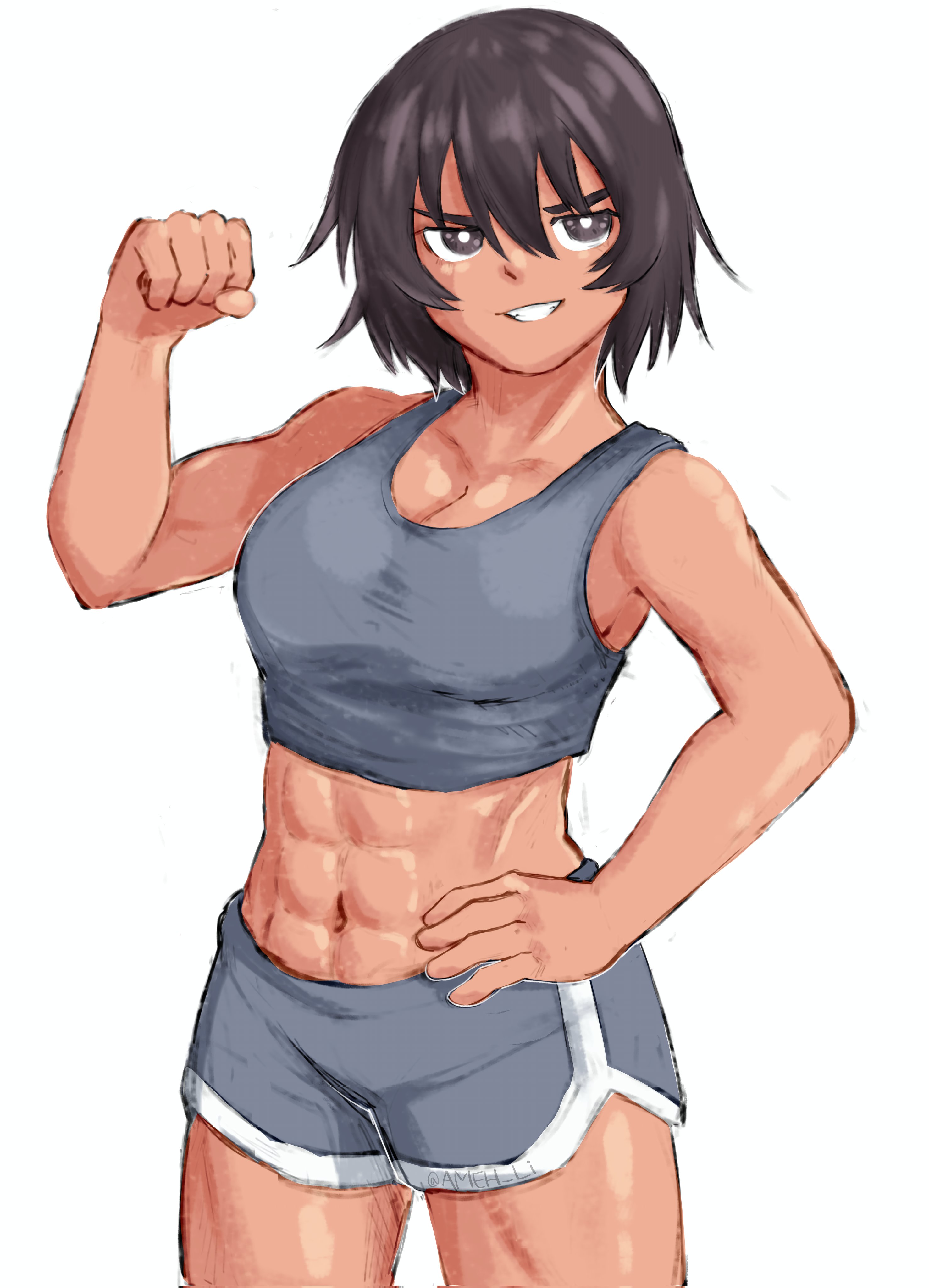 ameh li, kagura (azumanga daioh), azumanga daiou, absurdres, highres, 1girl, abs, breasts, brown eyes, brown hair, cleavage, crop top, dolphin shorts, flexing, grey shorts, medium breasts, navel, shiny skin, short shorts, shorts, simple background, smile, tan, toned, toned female