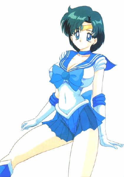 mizuno ami, sailor mercury, bishoujo senshi sailor moon, 1990s (style), blue eyes, elbow gloves, gloves, retro artstyle, ribbon, see-through clothes, short hair, solo, tiara
