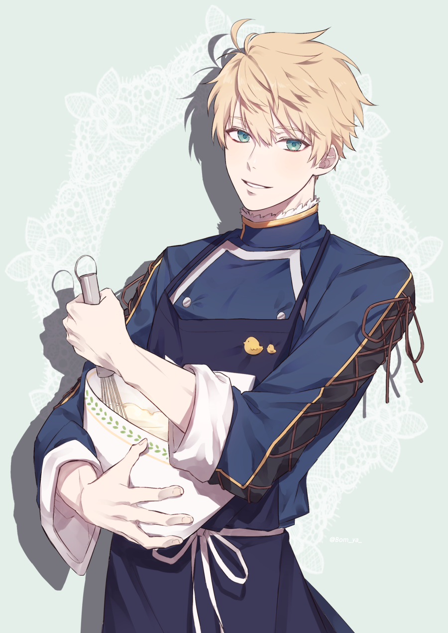 arthur pendragon (fate), fate/grand order, fate (series), highres, 1boy, ahoge, animal print, apron, bird print, blonde hair, blue shirt, bomya, bowl, brown ribbon, cowboy shot, fingernails, floral background, green background, green eyes, hair between eyes, hands up, holding, holding bowl, holding whisk, long sleeves, looking at viewer, male focus, purple apron, ribbon, shadow, shirt, short hair, smile, solo, standing, teeth, whisk, white ribbon, wide sleeves