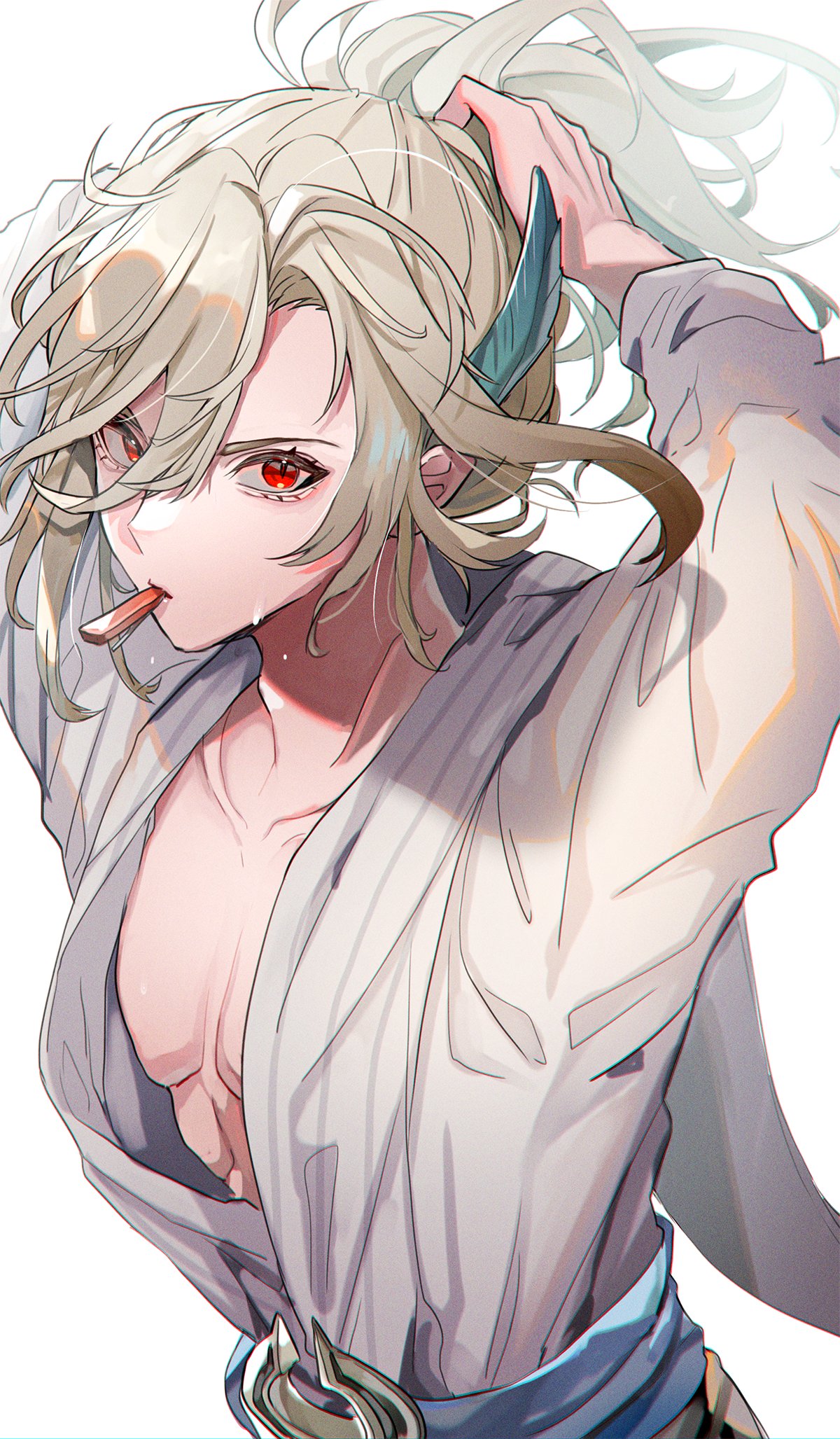 iru gnsn, kaveh (genshin impact), genshin impact, commentary request, highres, 1boy, arms behind head, arms up, blonde hair, blue sash, closed mouth, collarbone, feather hair ornament, feathers, hair between eyes, hair ornament, hairclip, high ponytail, long hair, long sleeves, looking at viewer, male focus, mouth hold, open clothes, open shirt, parted bangs, pectoral cleavage, pectorals, ponytail, red eyes, sash, shirt, simple background, solo, sweat, tying hair, upper body, white background, white shirt