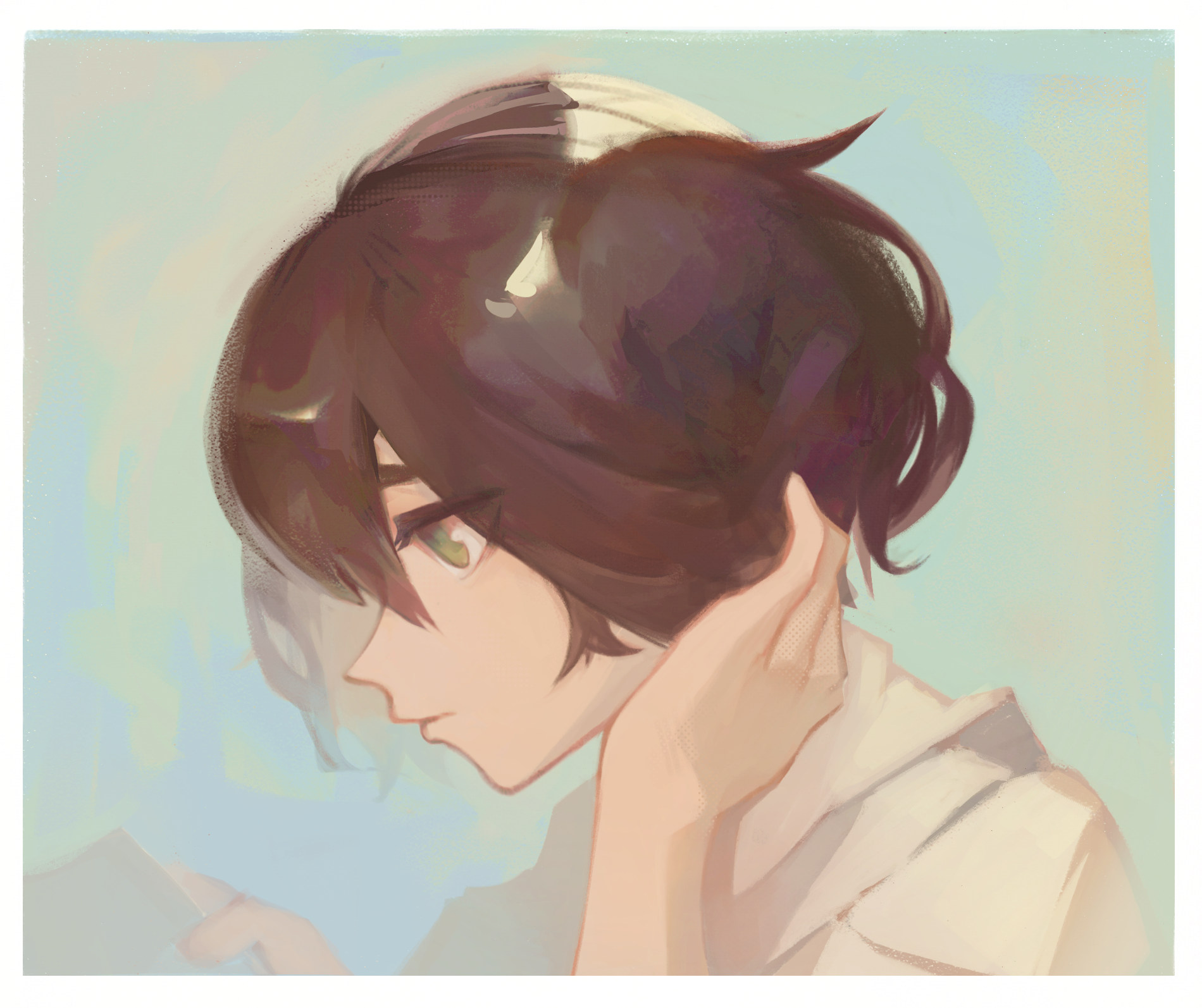 blue picmi, misaki mei, another, commentary, english commentary, highres, 1girl, black hair, blue background, border, closed mouth, collared shirt, floating hair, green eyes, profile, shirt, short hair, simple background, solo, teeth, upper body, upper teeth only, white border, white shirt