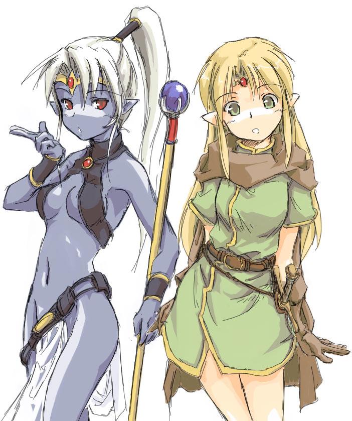 lucia (chronicles of mystara), shadow elf (chronicles of mystara), capcom, dungeons & dragons: chronicles of mystara, non-web source, tagme, 2girls, blue skin, colored skin, dark elf, elf, loincloth, multiple girls, pointy ears, white hair