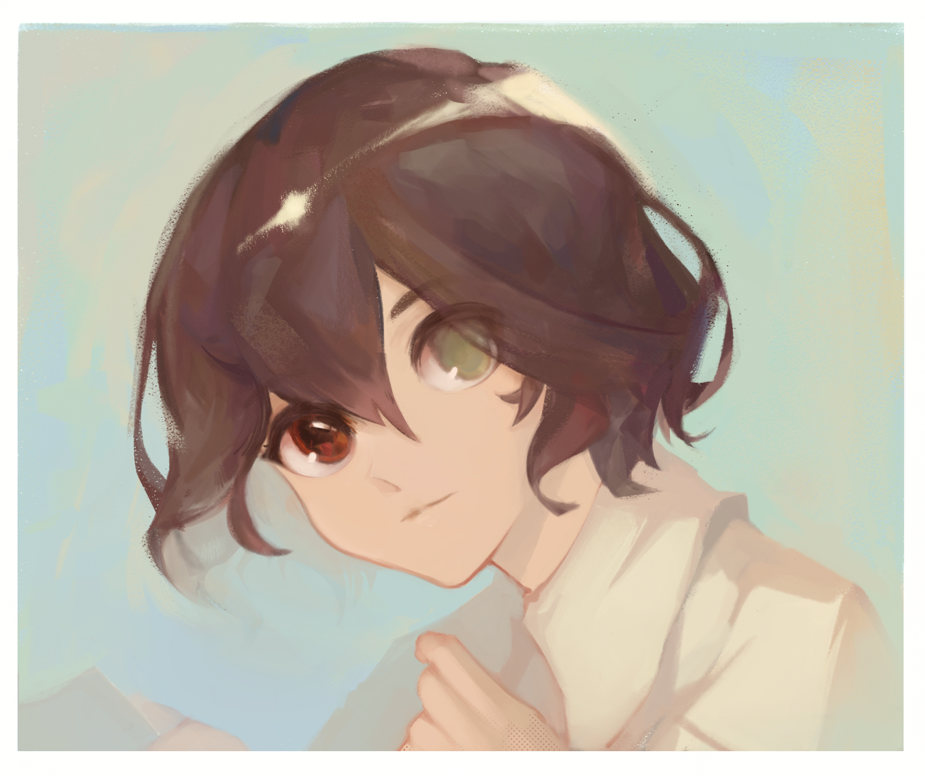 blue picmi, misaki mei, another, commentary, english commentary, highres, 1girl, black hair, blue background, border, closed mouth, collared shirt, floating hair, green eyes, hair between eyes, heterochromia, looking at viewer, red eyes, shirt, short hair, solo, white border, white shirt