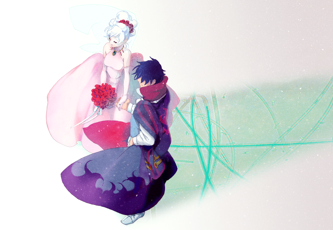 kanke (yonkuma), nia teppelin, simon (ttgl), tengen toppa gurren lagann, 00s, 1boy, 1girl, blue hair, bouquet, bridal veil, bride, coat, couple, dress, flower, hetero, holding hands, jewelry, ponytail, ring, rose, trench coat, veil, wedding, wedding dress