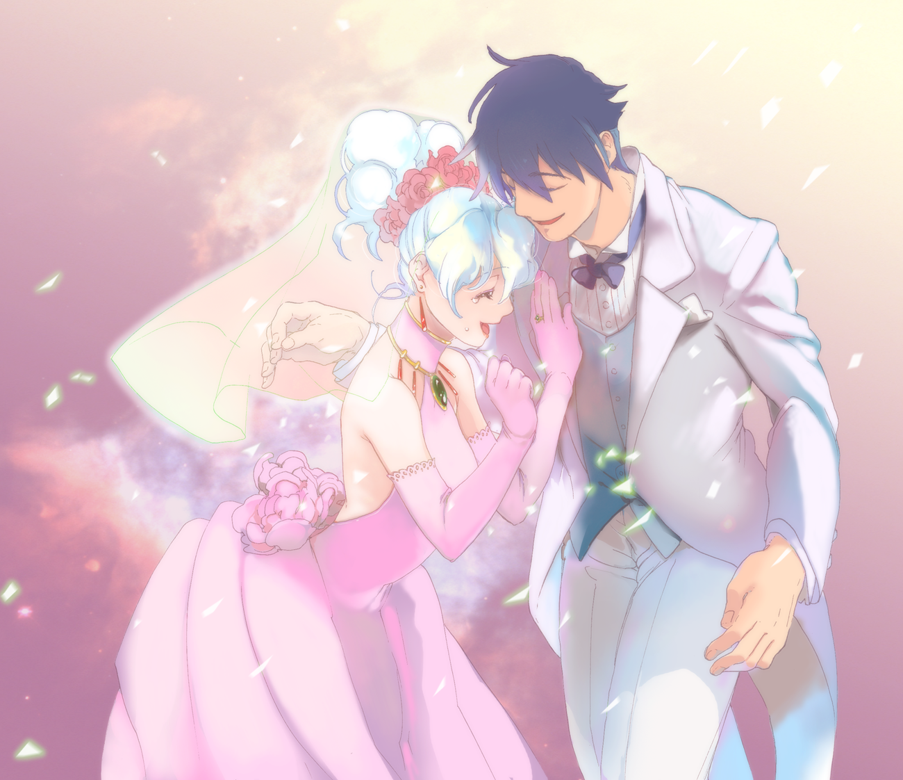 kanke (yonkuma), nia teppelin, simon (ttgl), tengen toppa gurren lagann, 00s, blue hair, bridal veil, bride, dress, elbow gloves, flower, gloves, happy, jewelry, ponytail, ring, rose, short hair, sky, smile, tears, tuxedo, veil, wedding, wedding dress