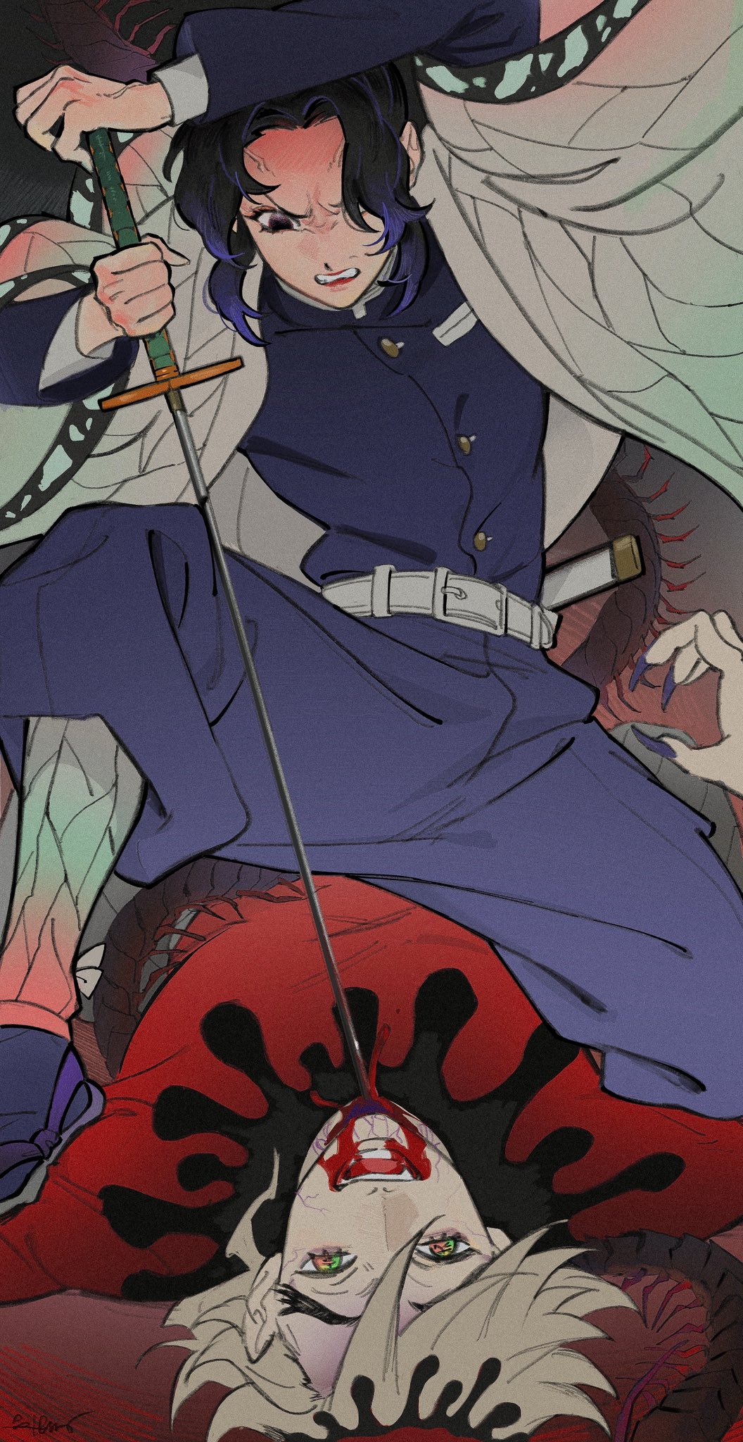 roru (lol dessin), douma (kimetsu no yaiba), kochou shinobu, kimetsu no yaiba, highres, 1boy, 1girl, animal print, belt, belt buckle, black hair, black jacket, black pants, blood, blood from mouth, breasts, buckle, butterfly print, claws, clenched teeth, colored tips, demon boy, fingernails, furrowed brow, grey hair, hair between eyes, hair over one eye, haori, holding, holding sword, holding weapon, jacket, japanese clothes, katana, long fingernails, lying, medium breasts, multicolored hair, navel, on back, on one knee, open mouth, pants, parted bangs, print haori, purple eyes, purple hair, red shirt, sharp fingernails, shirt, sidelocks, smile, stab, sword, tabi, teeth, updo, veiny face, waraji, weapon, white belt