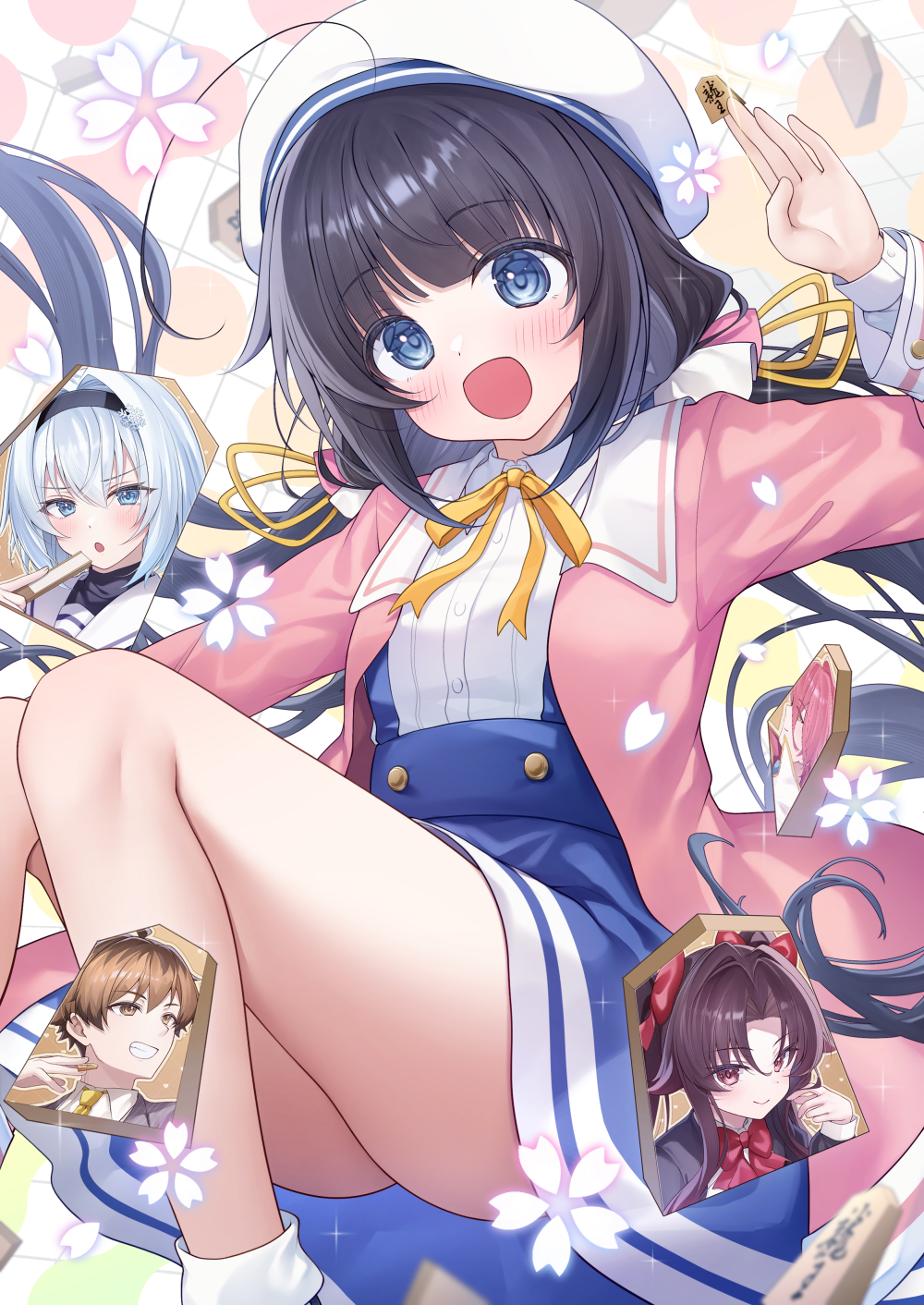 gyozanuko, hinatsuru ai, kuzuryuu yaichi, sora ginko, yashajin ai, ryuuou no oshigoto!, commentary request, highres, 1boy, 3girls, :d, ahoge, arm up, ass, beret, between fingers, black hair, blue eyes, blue skirt, blush, board game, bow, brown hair, collared shirt, feet out of frame, folding fan, grey hair, hair between eyes, hair ornament, hairband, hand fan, hat, holding, jacket, knees together feet apart, long hair, low twintails, multiple girls, neckerchief, open clothes, open jacket, open mouth, parted bangs, parted lips, pink jacket, red bow, red eyes, ribbon, school uniform, shirt, shogi piece, skirt, smile, snowflake hair ornament, solo focus, suspender skirt, suspenders, twintails, two side up, very long hair, white hair, white hat, white shirt, yellow neckerchief, yellow ribbon